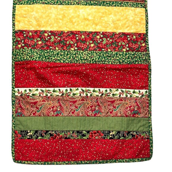 Christmas Handmade Pieced Quilted Table Runner 56" Poinsettias Holly Reversable - Picture 2 of 13